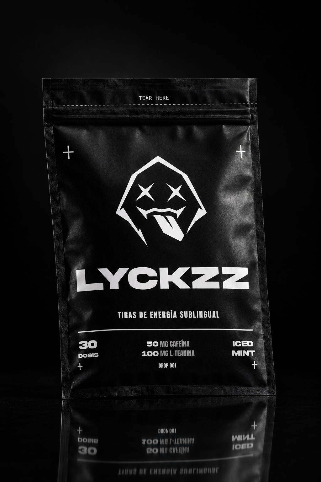 Pack de tiras de energía sublingual LYCKZZ, bolsa negra con el logo